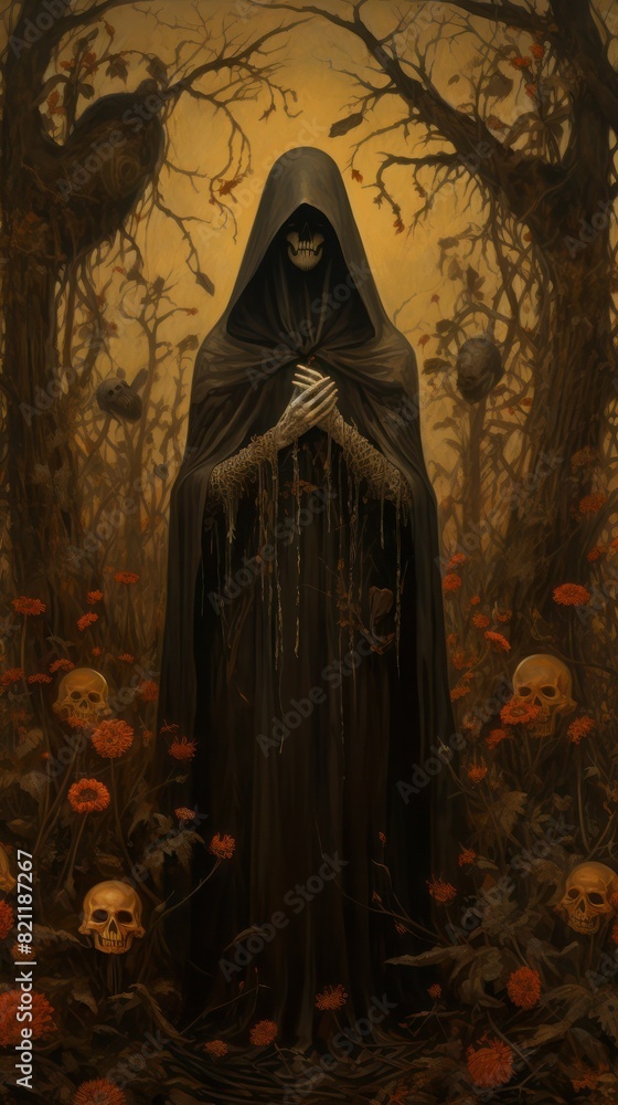 The Death. Skeleton wrapped in a black cloak with a hood folded arms among black trees and human skulls, vertical image. The Death. Skeleton wrapped in a black cloak with a hood folded arms among black trees and human skulls, vertical image.