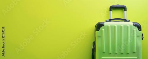 A green suitcase is on a green background, travel concept photo