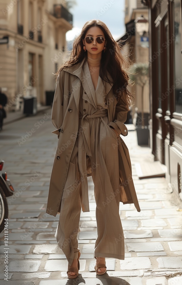 Stylish woman in oversized grey trench coat, wide-leg pants, high heels, sunglasses, strolling confidently Stylish woman in oversized grey trench coat, wide-leg pants, high heels, sunglasses, strolling confidently