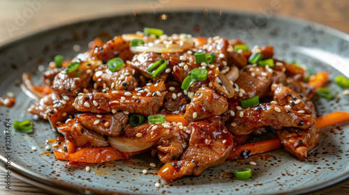Traditional korean cuisine: spicy pork bulgogi with fresh scallions and sesame seeds served on a ceramic plate photo