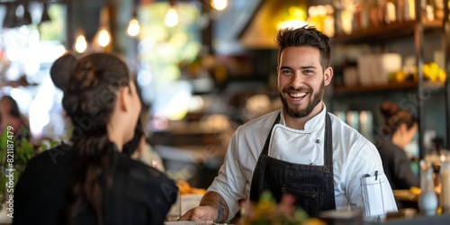 Fototapeta Naklejka Na Ścianę i Meble -  A cheerful chef in a restaurant setting talks with a customer, conveying friendliness