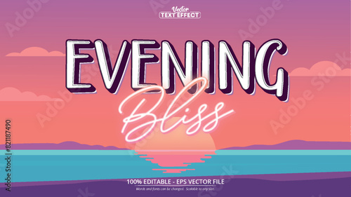 Evening Bliss Editable Text Effect. A serene evening with a vibrant pink sunset reflecting over the calm ocean, creating an enchanting and peaceful moment