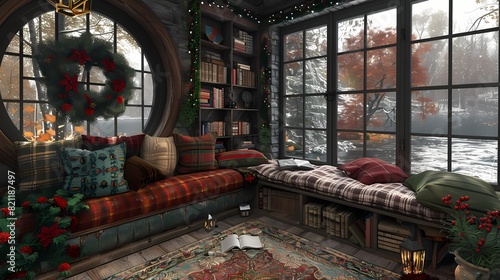 A cozy reading nook adorned with holiday decorations, where one can curl up with a good book and a cup of cocoa © Qadeer