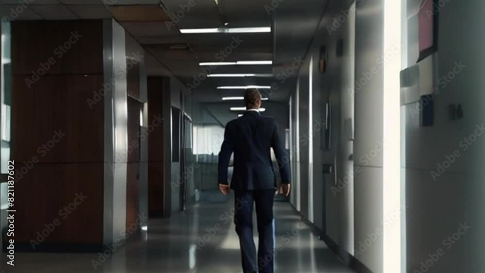 Businessman Walking Down Modern Office Hallway Businessman Walking Down Modern Office Hallway