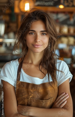 Young female cafe owner smiles confidently, arms crossed, in front of stylish American coffee shop interior, wearing apron