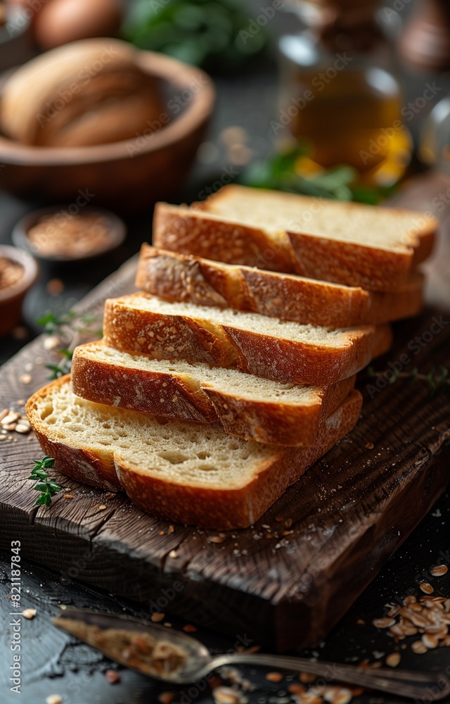 Slices of rustic sourdough bread, traditional and delicious, presented on a wooden backdrop