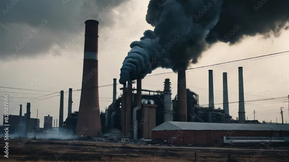 Industrial Factory with Smoke Plumes Against a Cloudy Sky Industrial Factory with Smoke Plumes Against a Cloudy Sky