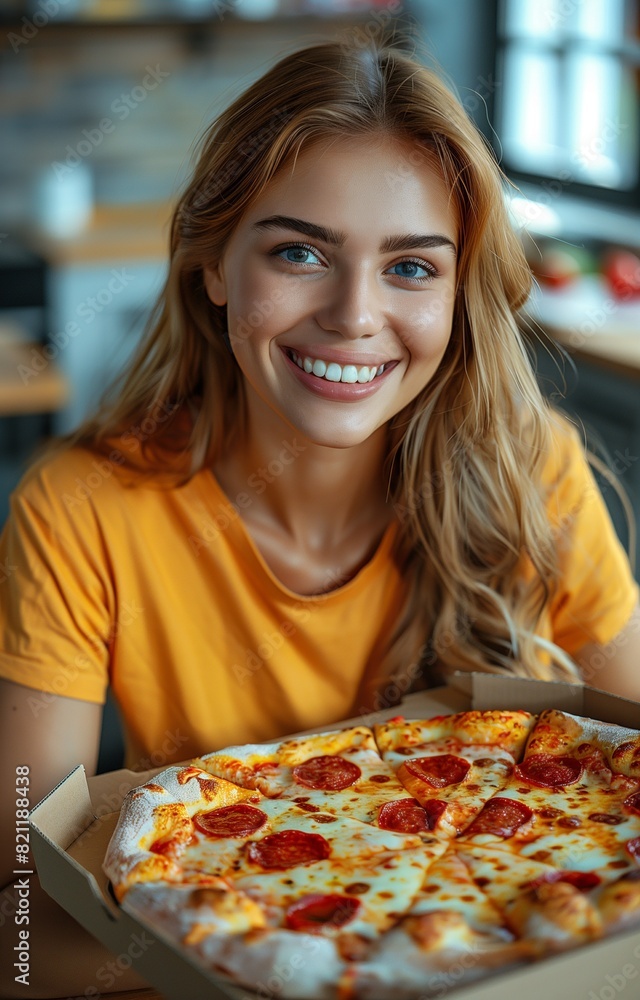 Young woman enjoys pizza in her modern kitchen, seated by table with open food box