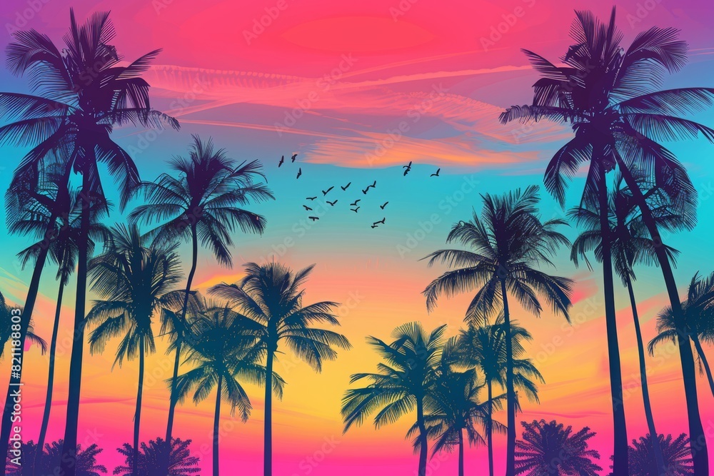 Tropical summer background with palm trees and a sunset sky. In a colorful gradient of pink, blue, orange and purple, with silhouettes of black palm tree outlines. Tropical summer background with palm trees and a sunset sky. In a colorful gradient of pink, blue, orange and purple, with silhouettes of black palm tree outlines.