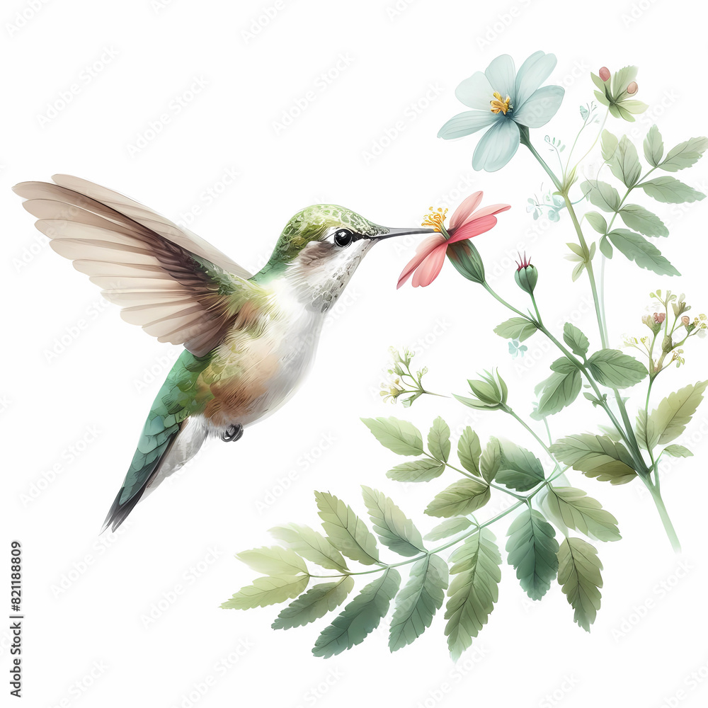 Fototapeta premium watercolor painting image of hummingbird and flower 
