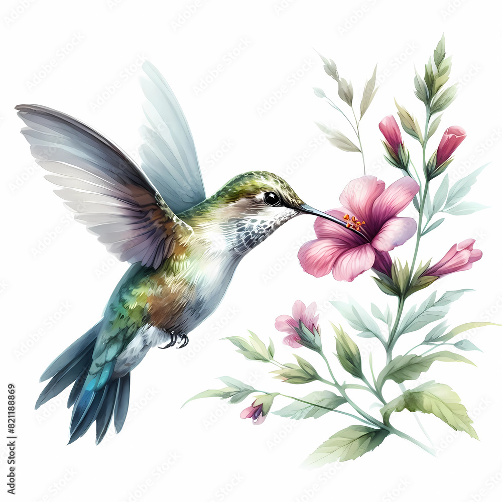 Fototapeta premium watercolor painting image of hummingbird and flower
