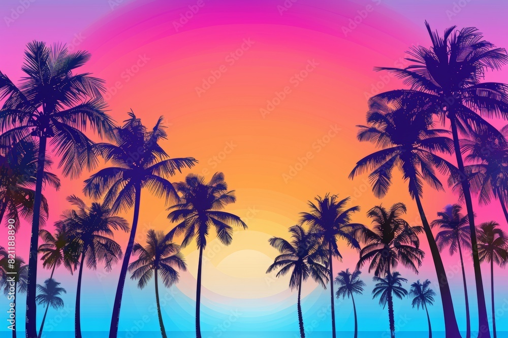 Tropical summer background with palm trees and a sunset sky. In a colorful gradient of pink, blue, orange and purple, with silhouettes of black palm tree outlines. Tropical summer background with palm trees and a sunset sky. In a colorful gradient of pink, blue, orange and purple, with silhouettes of black palm tree outlines.