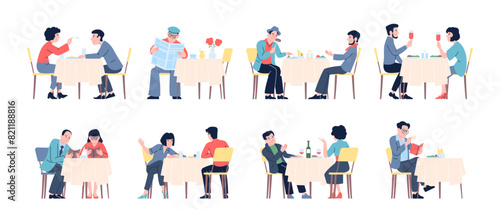 People in restaurant. Man woman drinking and eating, together and alone, choose meals in menu. Meeting on lunch or dinner, recent vector set