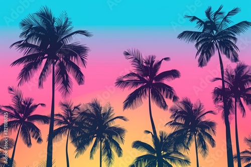 Tropical summer background with palm trees and a sunset sky. In a colorful gradient of pink  blue  orange and purple  with silhouettes of black palm tree outlines. 