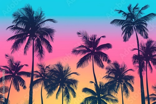 Tropical summer background with palm trees and a sunset sky. In a colorful gradient of pink, blue, orange and purple, with silhouettes of black palm tree outlines. 