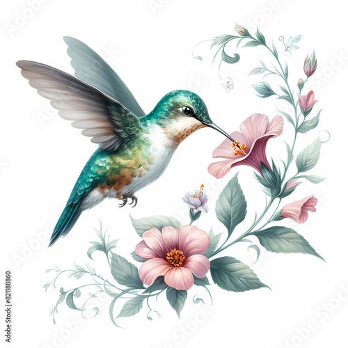 watercolor painting image of hummingbird and flower 