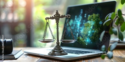 Lawyer website with justice scales and laptop computer. Concept Legal Services, Justice System, Attorney Profiles, Case Studies, Client Testimonials