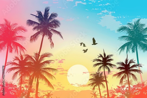 Tropical summer background with palm trees and a sunset sky. In a colorful gradient of pink  blue  orange and purple  with silhouettes of black palm tree outlines. 