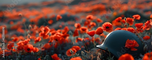 Honoring Heroes Military Helmet with Red Poppies for Remembrance Sunday photo