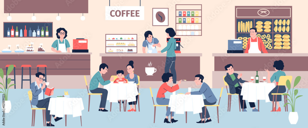 People eating and drinking on food court. Food stalls with coffee, pastries and cakes. Families and single person in cafe, recent vector scene People eating and drinking on food court. Food stalls with coffee, pastries and cakes. Families and single person in cafe, recent vector scene