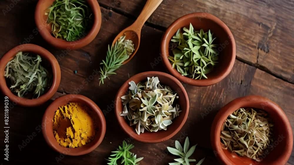 Assortment of dried herbs and spices in small clay bowls on a rustic wooden surface Assortment of dried herbs and spices in small clay bowls on a rustic wooden surface
