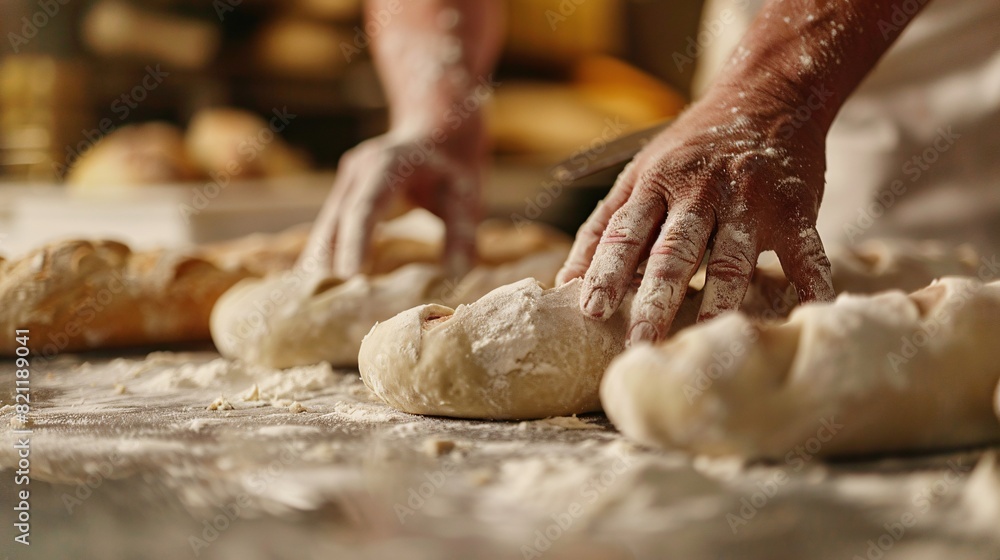 Skilled Baker’s Hands Shaping Dough into Baguettes | Close-up of Professional Baker Making Bread on Floured Countertop Skilled Baker’s Hands Shaping Dough into Baguettes | Close-up of Professional Baker Making Bread on Floured Countertop