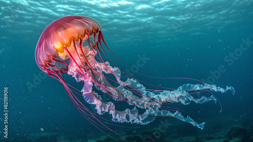 Award Winning National Geographic rule of thirds, photograph of a single, luminous jellyfish floating in deep blue ocean waters, minimalist, plain oceanic background, ultra realist