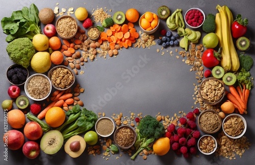 Healthy food clean eating selection: fruit, vegetable, seeds, superfood, cereal, leaf vegetable on gray concrete background