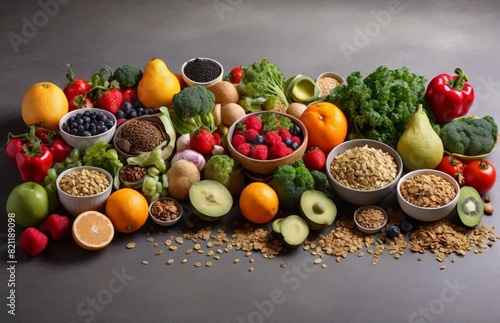 Healthy food clean eating selection: fruit, vegetable, seeds, superfood, cereal, leaf vegetable on gray concrete background