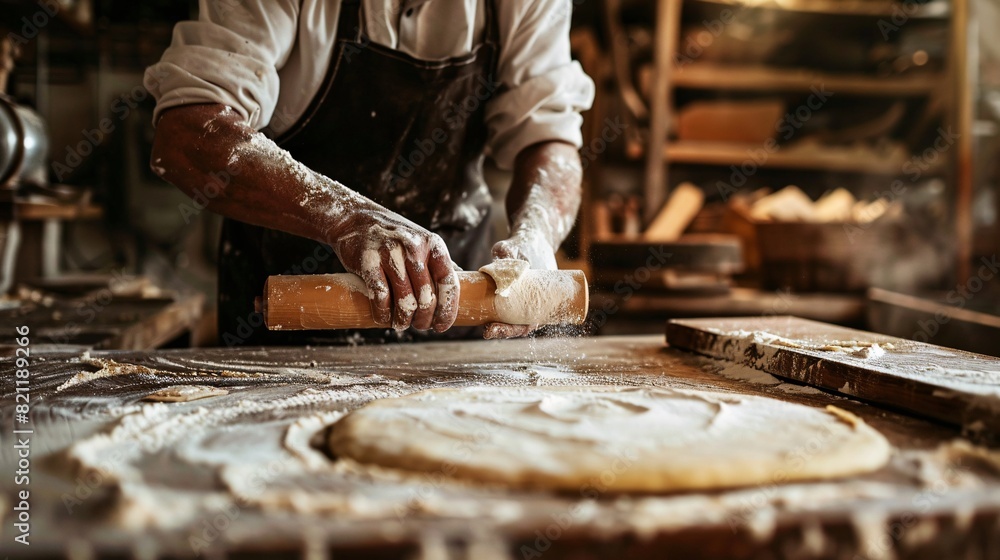 Baker preparing dough with rolling pin on rustic wooden table in bakery kitchen Baker preparing dough with rolling pin on rustic wooden table in bakery kitchen