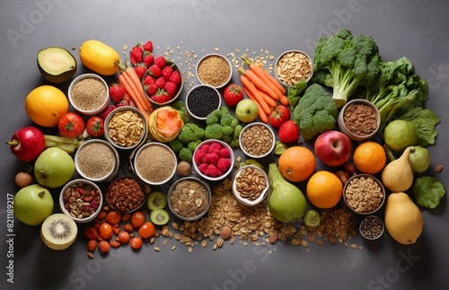 Healthy food clean eating selection: fruit, vegetable, seeds, superfood, cereal, leaf vegetable on gray concrete background