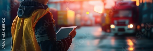 Individual with a backpack holding a tablet at a logistic transport terminal in dusk