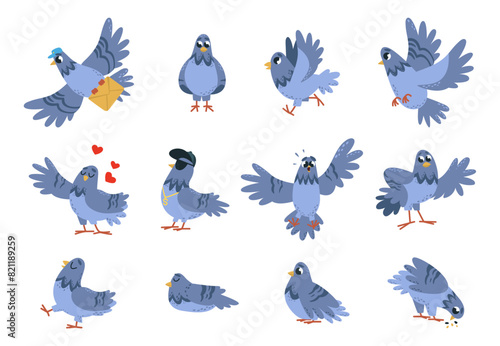 Funny pigeon set. Isolated pigeons, birds in different poses with emotions. Cartoon urban bird eating, sleeping, flying, classy vector characters