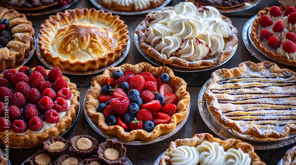Delicious Pies arranged on various surfaces alongside assorted sweets and treats, representing a delicious dessert spread Delicious Pies arranged on various surfaces alongside assorted sweets and treats, representing a delicious dessert spread