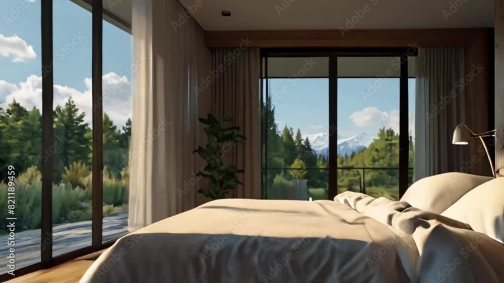 Modern bedroom with large windows overlooking a mountain view Modern bedroom with large windows overlooking a mountain view