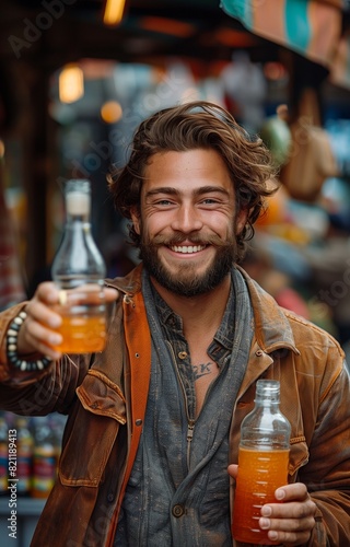 Young man with a beard joyfully raises a glass, toasting, standing on a vibrant street