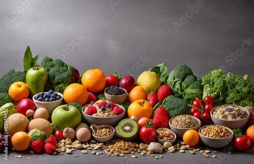 Healthy food clean eating selection: fruit, vegetable, seeds, superfood, cereal, leaf vegetable on gray concrete background