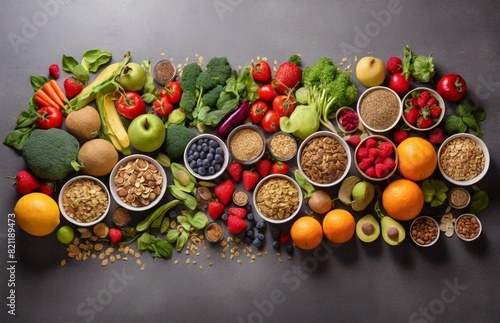 Healthy food clean eating selection: fruit, vegetable, seeds, superfood, cereal, leaf vegetable on gray concrete background