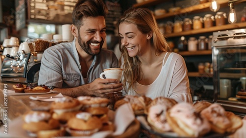 Happy Young Couple savoring Fresh Pastries and Coffee in a Cozy Bakery Cafe