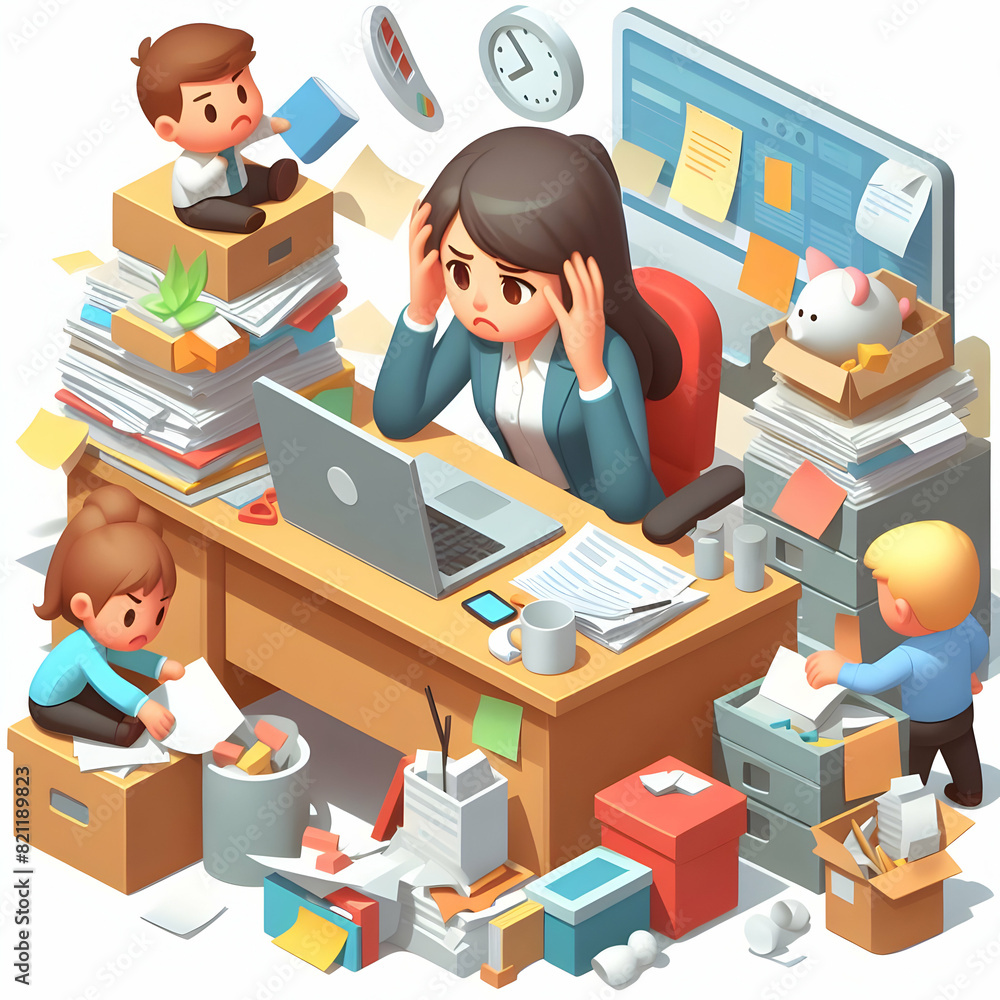 3D Flat Icon: Employee Frustrated with Cluttered Desk Impact on Productivity Cartoon Illustration 3D Flat Icon: Employee Frustrated with Cluttered Desk Impact on Productivity Cartoon Illustration