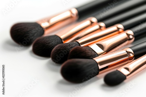 A close up of a set of makeup brushes with a gold trim