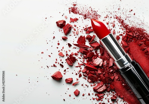 A red lipstick is surrounded by red powder, creating a messy and dramatic look