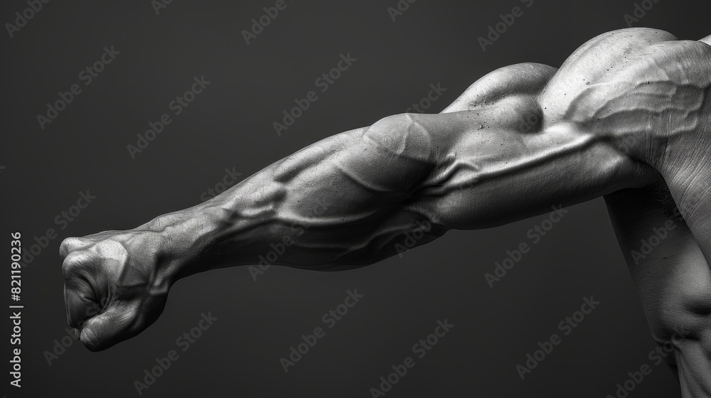Flexed bicep of a person showing muscle definition and veins. Flexed bicep of a person showing muscle definition and veins.
