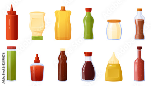 Cartoon sauce bottles. Different sauces  soy  chilli ketchup  chinese japanese hot wasabi. Mayonnaise and mustard  spices for food nowaday vector packs