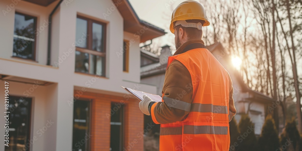 A construction manager in protective gear reviews plans outside a residential building site A construction manager in protective gear reviews plans outside a residential building site