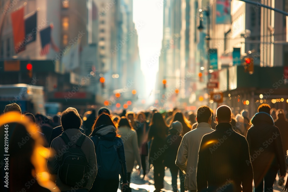 Busy City Street at Sunset with Vibrant Crowd Busy City Street at Sunset with Vibrant Crowd