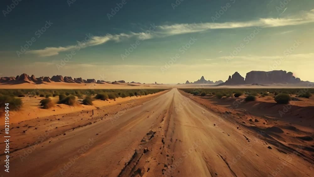Long, winding dirt road through a desert landscape Long, winding dirt road through a desert landscape