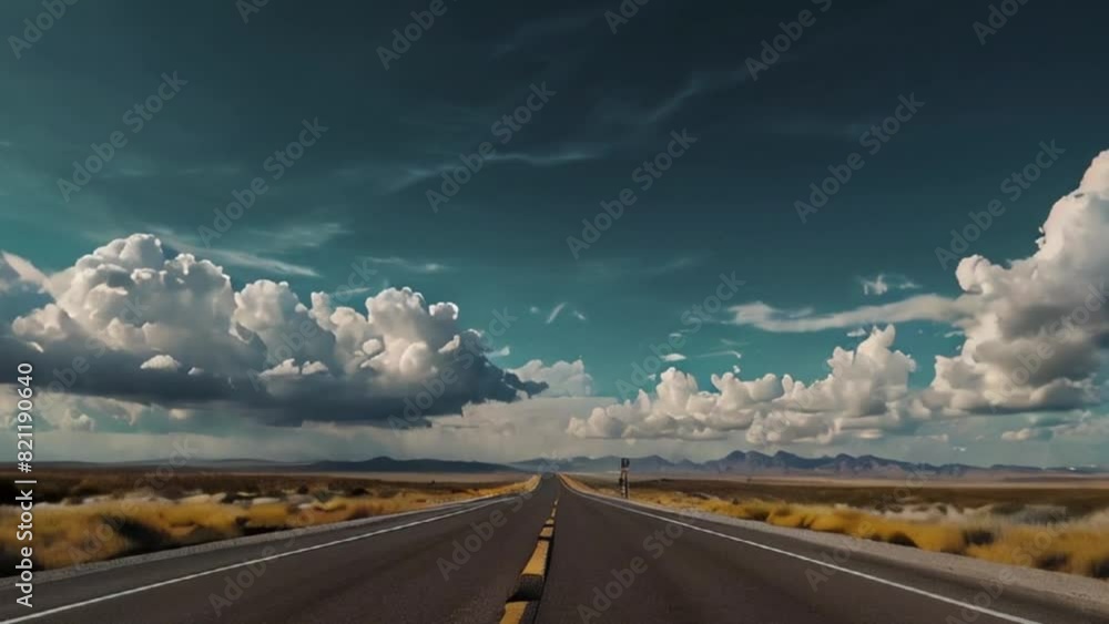 Open road through a desert landscape with dramatic clouds Open road through a desert landscape with dramatic clouds