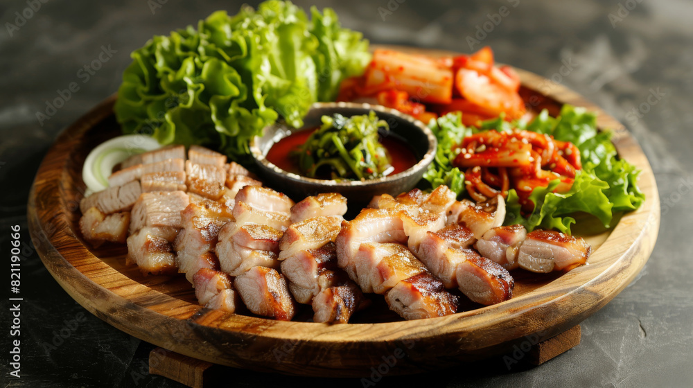 Authentic korean pork belly with kimchi, lettuce, and spicy sauce on a wooden platter for a succulent meal Authentic korean pork belly with kimchi, lettuce, and spicy sauce on a wooden platter for a succulent meal