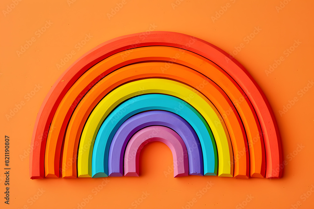 A rainbow made of wooden blocks is on a bright orange background A rainbow made of wooden blocks is on a bright orange background